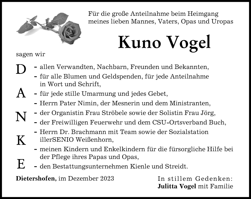  Traueranzeige für Kuno Vogel vom 15.12.2023 aus Illertisser Zeitung