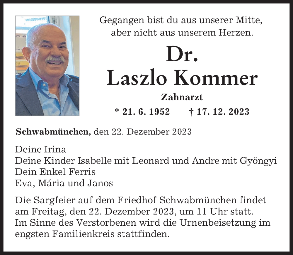 Traueranzeige von Laszlo Kommer von Schwabmünchner Allgemeine