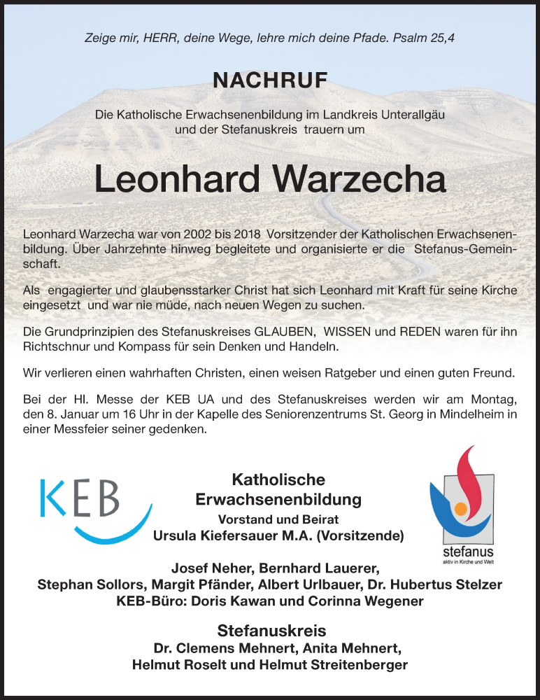 Traueranzeige von Leonhard Warzecha von Mindelheimer Zeitung