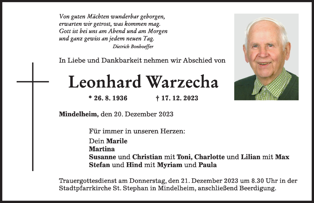 Traueranzeige von Leonhard Warzecha von Mindelheimer Zeitung