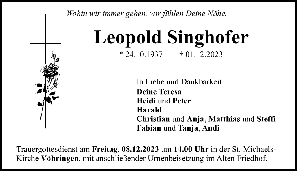  Traueranzeige für Leopold Singhofer vom 06.12.2023 aus Illertisser Zeitung