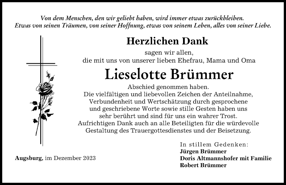 Traueranzeige von Lieselotte Brümmer von Augsburger Allgemeine