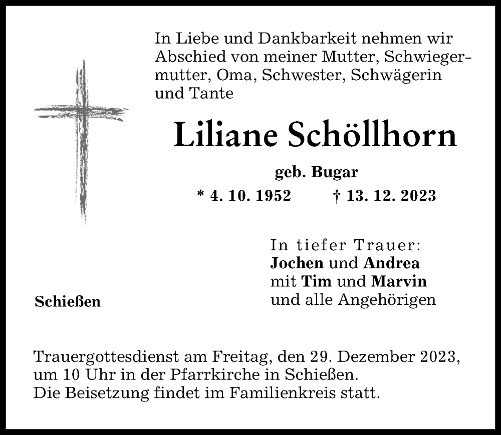 Traueranzeige von Liliane Schöllhorn von Neu-Ulmer Zeitung