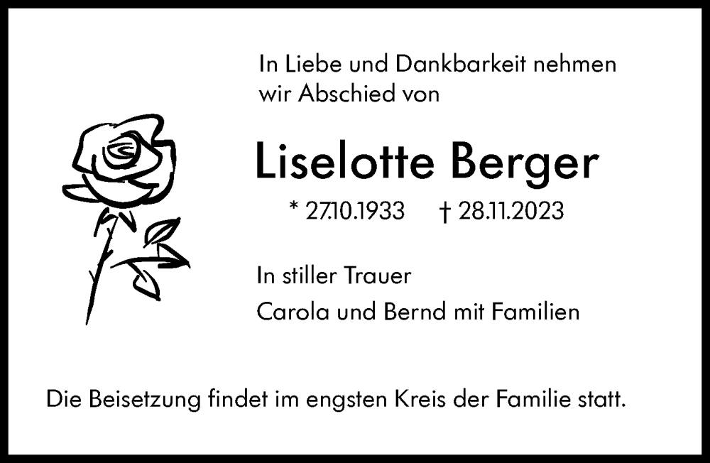  Traueranzeige für Liselotte Berger vom 02.12.2023 aus Augsburger Allgemeine, Neu-Ulmer Zeitung