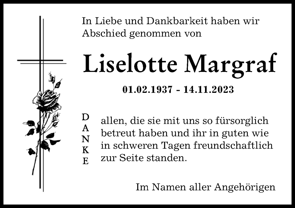  Traueranzeige für Liselotte Margraf vom 22.12.2023 aus Landsberger Tagblatt