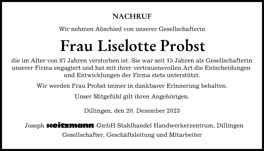 Traueranzeige von Liselotte Probst von Donau Zeitung