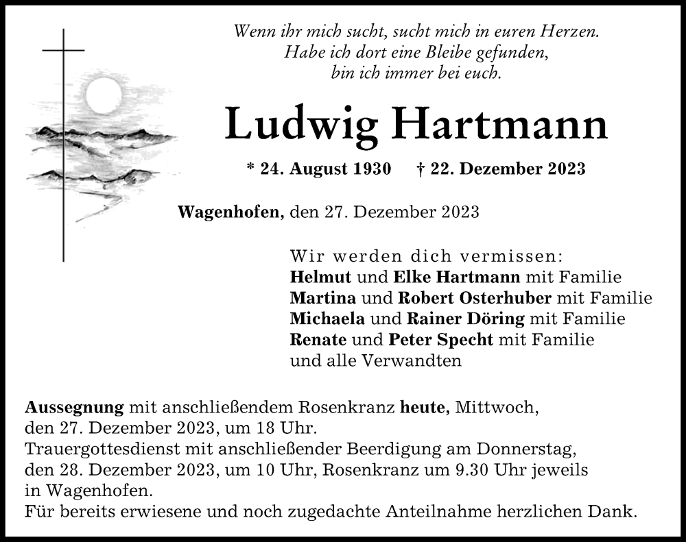 Traueranzeige von Ludwig Hartmann von Neuburger Rundschau