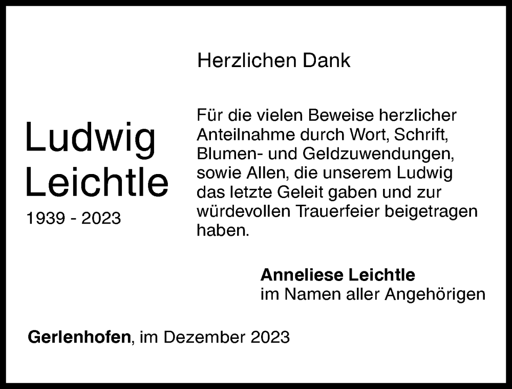  Traueranzeige für Ludwig Leichtle vom 23.12.2023 aus Augsburger Allgemeine, Neu-Ulmer Zeitung
