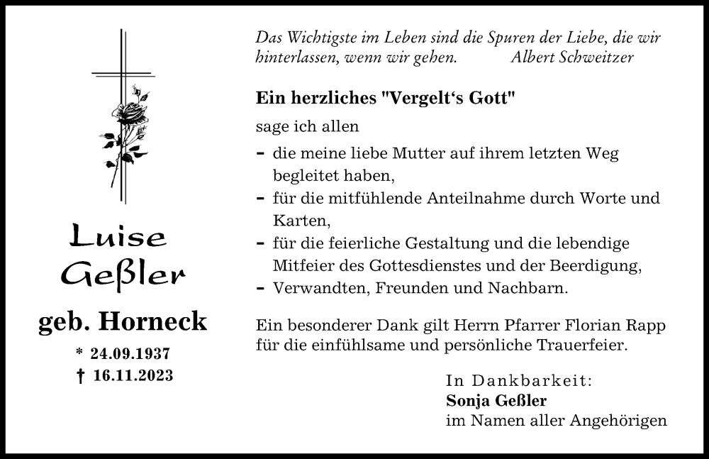 Traueranzeige von Luise Geßler von Augsburger Allgemeine