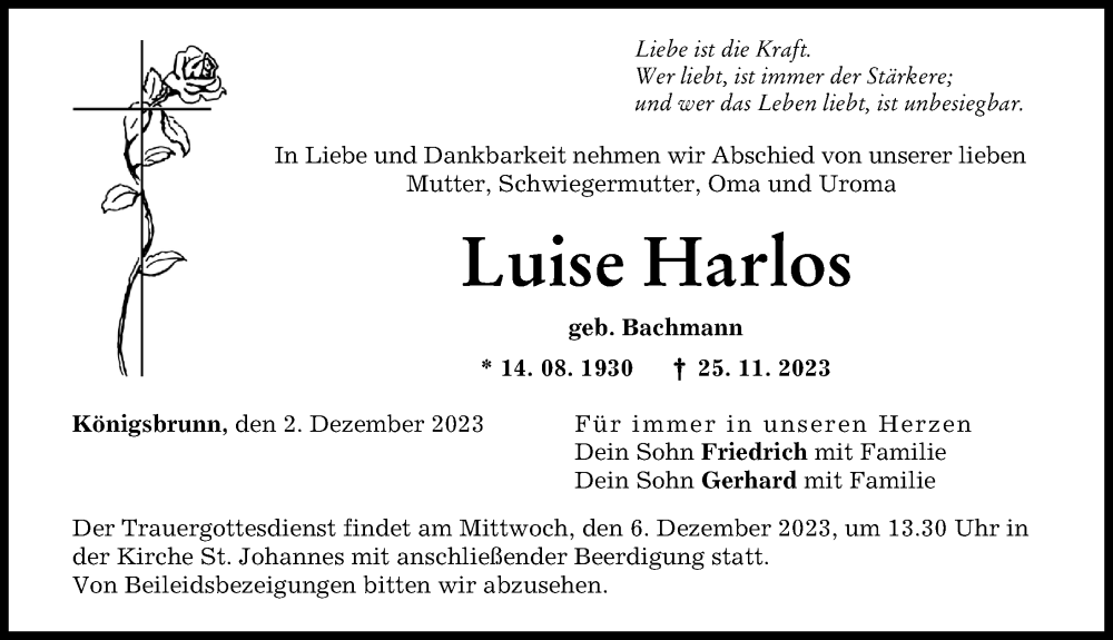  Traueranzeige für Luise Harlos vom 02.12.2023 aus Schwabmünchner Allgemeine