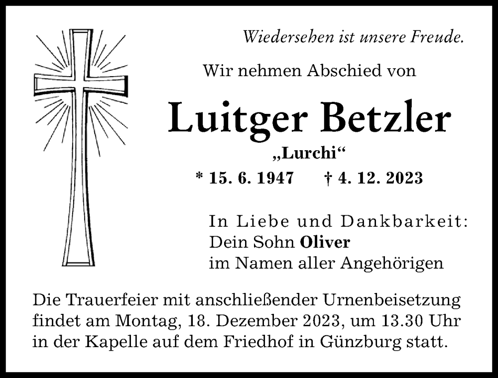 Traueranzeige von Luitger Betzler von Günzburger Zeitung