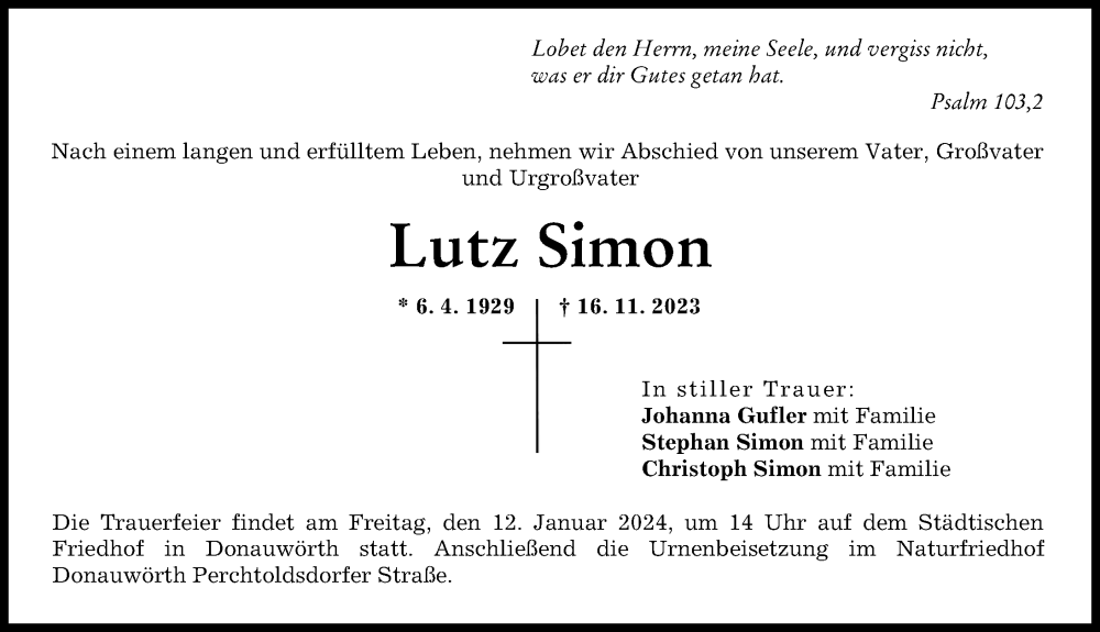  Traueranzeige für Lutz Simon vom 02.12.2023 aus Donauwörther Zeitung