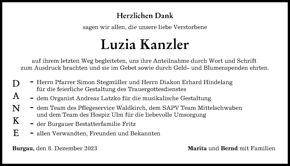  Traueranzeige für Luzia Kanzler vom 08.12.2023 aus Günzburger Zeitung