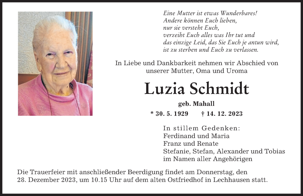 Traueranzeige von Luzia Schmidt von Augsburger Allgemeine