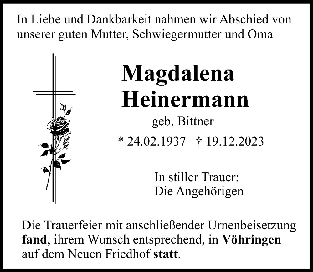 Traueranzeige von Magdalena Heinermann von Illertisser Zeitung