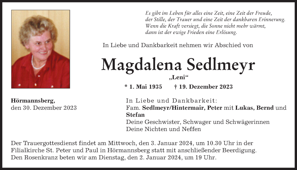 Traueranzeige von Magdalena Sedlmeyr von Friedberger Allgemeine