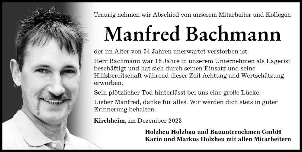  Traueranzeige für Manfred Bachmann vom 16.12.2023 aus Mindelheimer Zeitung