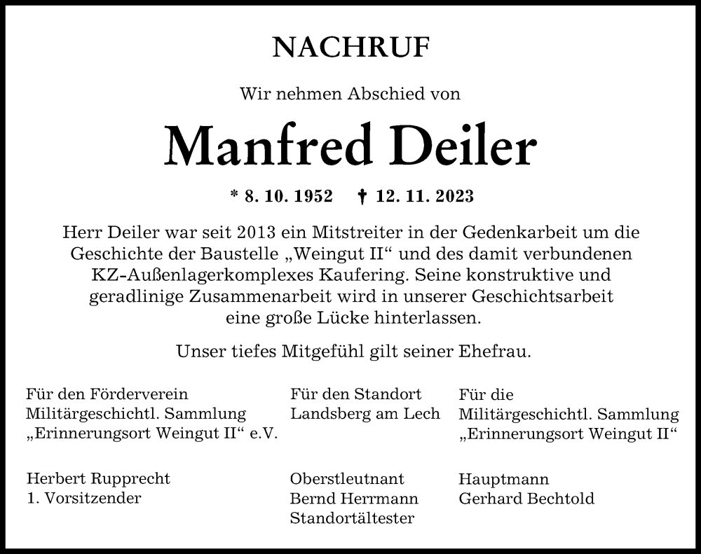 Traueranzeige von Manfred Deiler von Landsberger Tagblatt