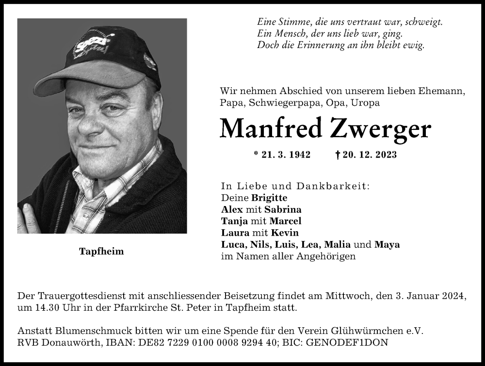  Traueranzeige für Manfred Zwerger vom 29.12.2023 aus Donauwörther Zeitung