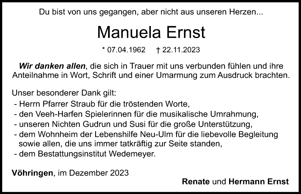  Traueranzeige für Manuela Ernst vom 09.12.2023 aus Illertisser Zeitung