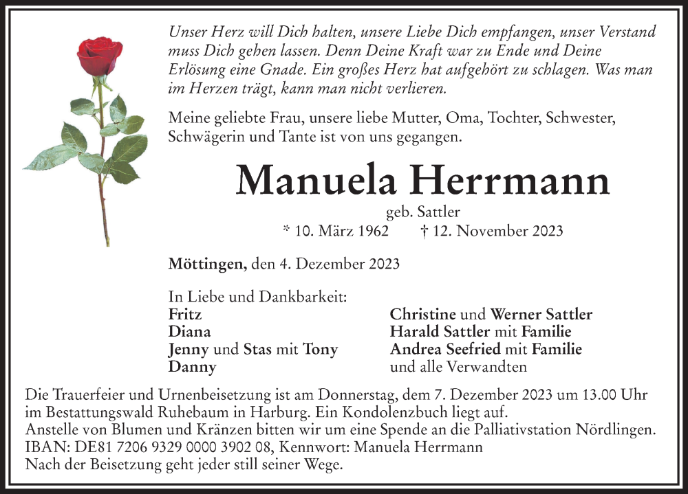  Traueranzeige für Manuela Herrmann vom 04.12.2023 aus Rieser Nachrichten