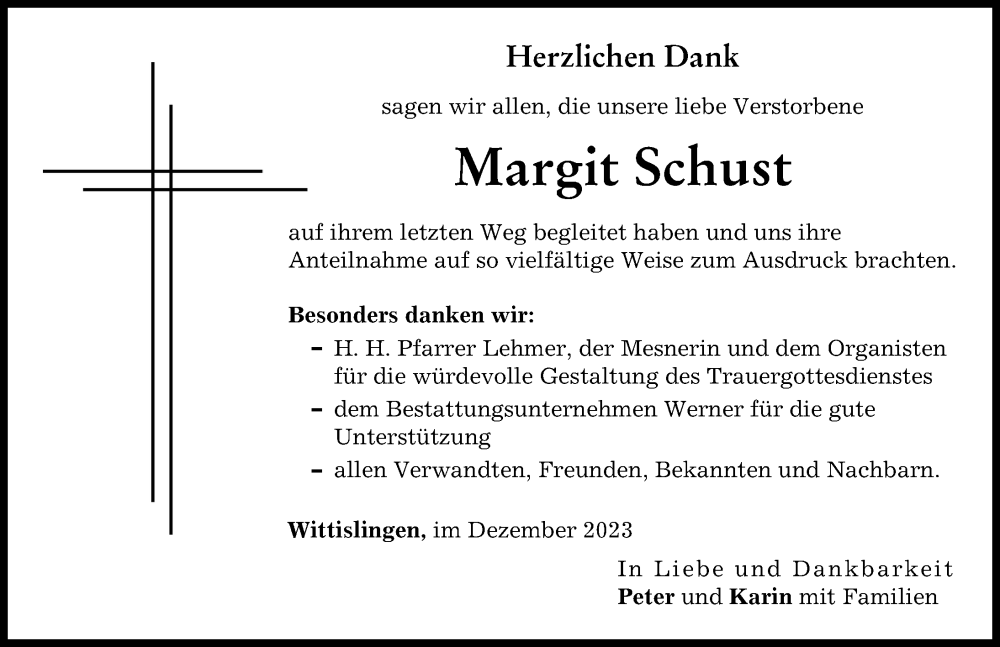 Traueranzeige von Margit Schust von Donau Zeitung