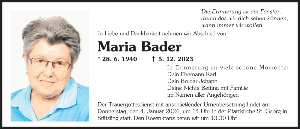 Traueranzeige von Maria Bader von Friedberger Allgemeine, Augsburger Allgemeine