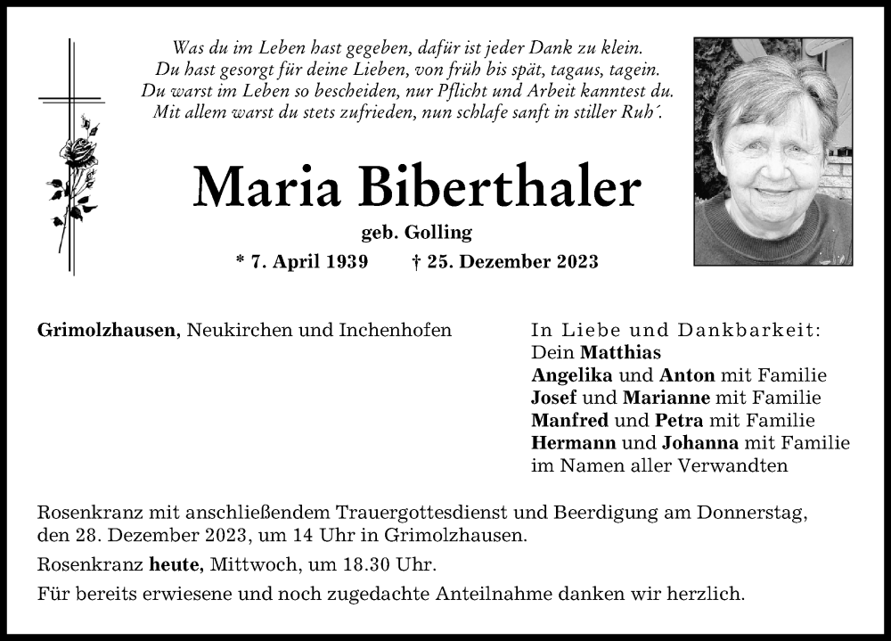 Traueranzeige von Maria Biberthaler von Aichacher Nachrichten