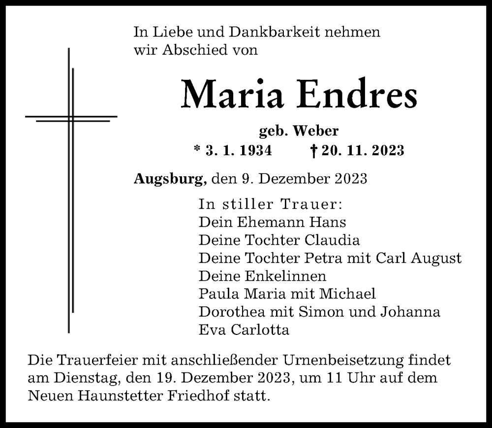  Traueranzeige für Maria Endres vom 09.12.2023 aus Augsburger Allgemeine