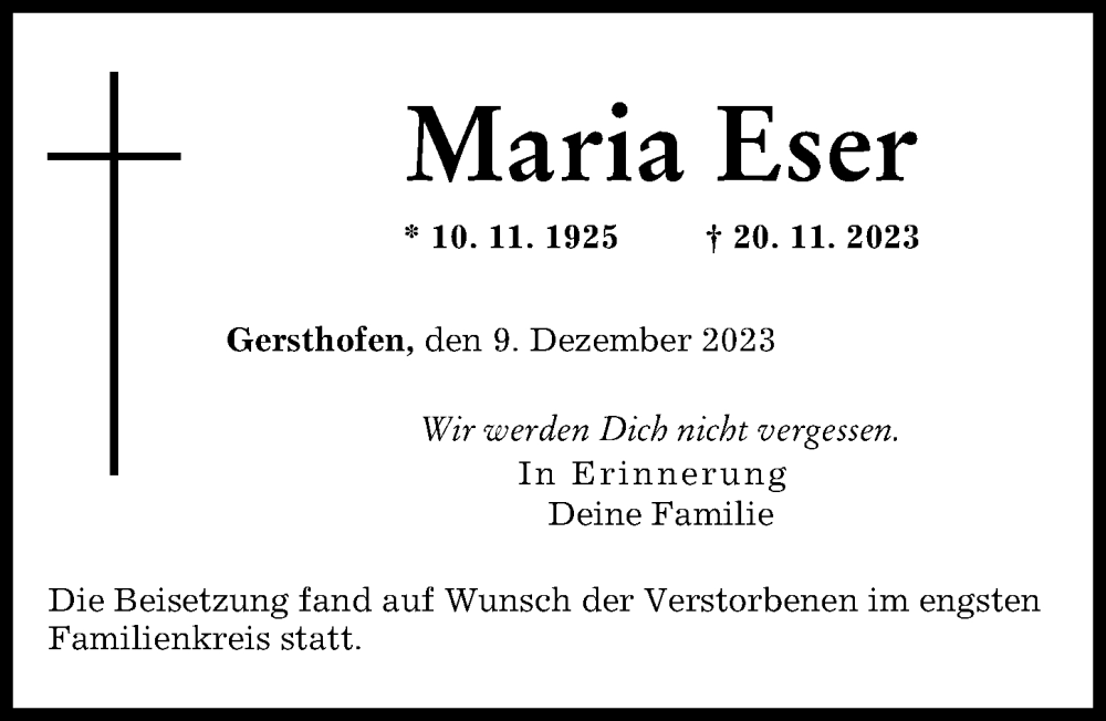  Traueranzeige für Maria Eser vom 09.12.2023 aus Augsburger Allgemeine