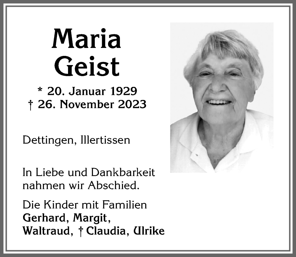 Traueranzeige von Maria Geist von Illertisser Zeitung