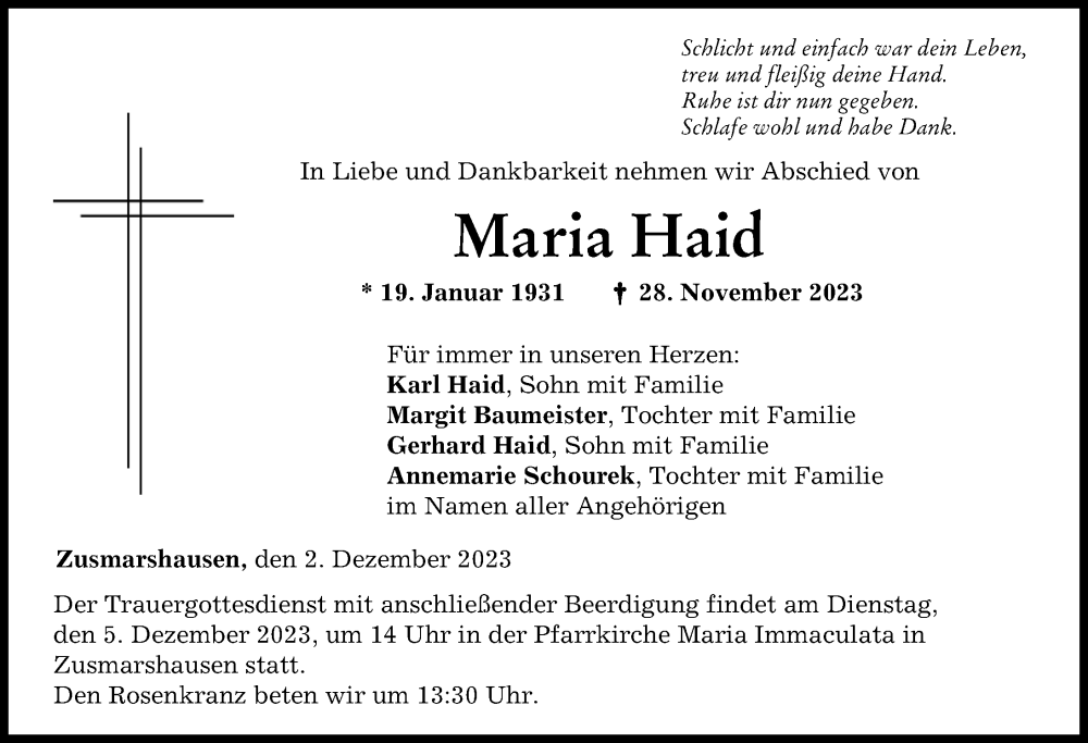  Traueranzeige für Maria Haid vom 02.12.2023 aus Augsburg-Land