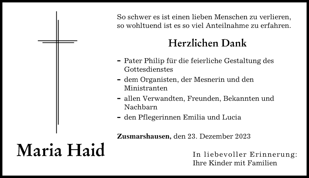  Traueranzeige für Maria Haid vom 23.12.2023 aus Augsburg-Land