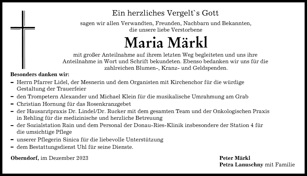  Traueranzeige für Maria Märkl vom 19.12.2023 aus Donauwörther Zeitung