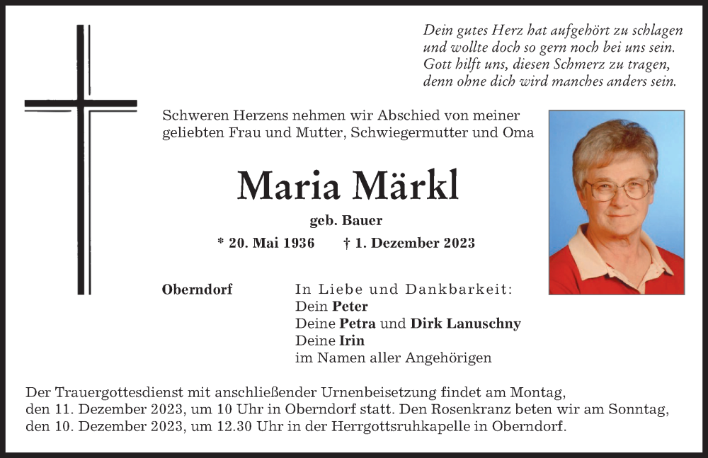  Traueranzeige für Maria Märkl vom 07.12.2023 aus Donauwörther Zeitung