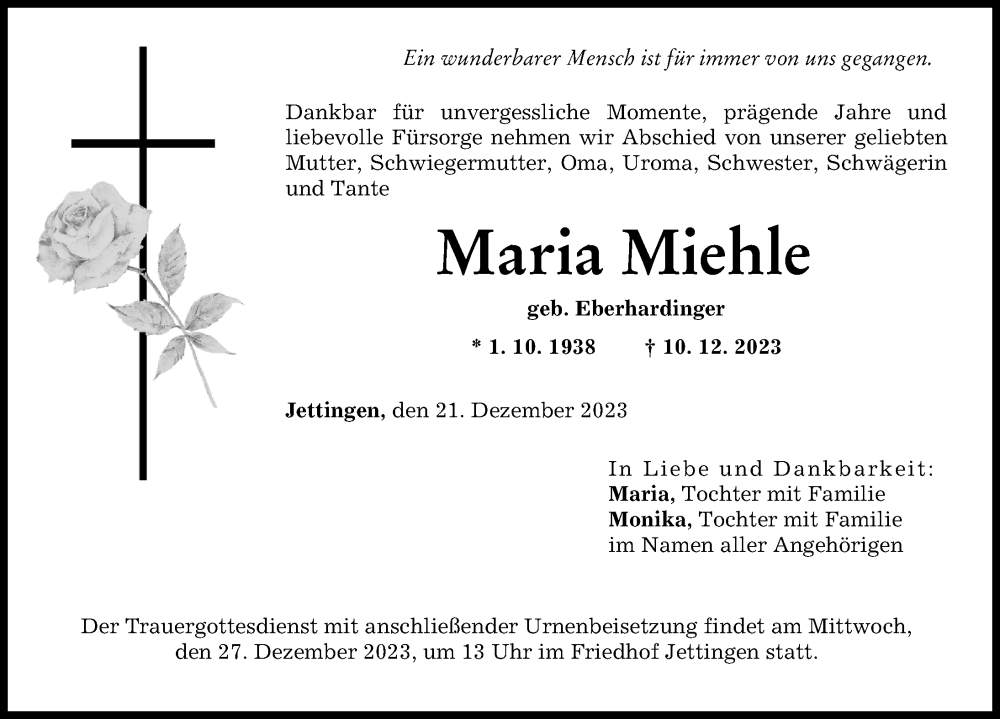 Traueranzeige von Maria Miehle von Günzburger Zeitung