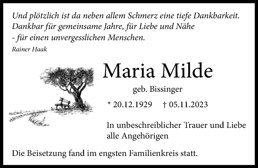  Traueranzeige für Maria Milde vom 02.12.2023 aus Günzburger Zeitung