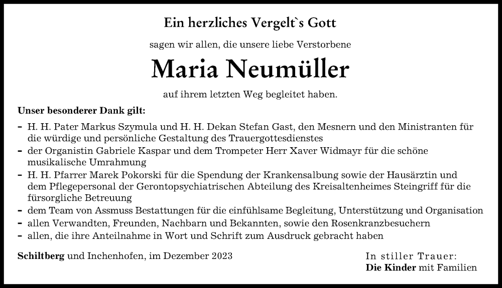  Traueranzeige für Maria Neumüller vom 23.12.2023 aus Aichacher Nachrichten