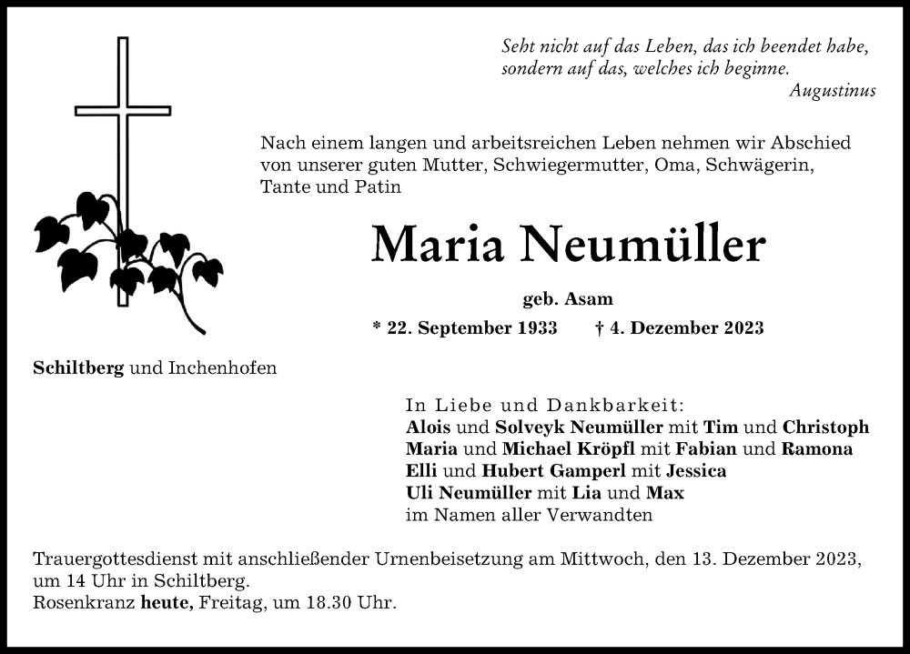  Traueranzeige für Maria Neumüller vom 08.12.2023 aus Aichacher Nachrichten