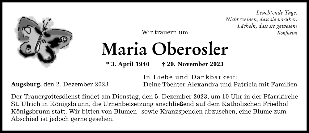  Traueranzeige für Maria Oberosler vom 02.12.2023 aus Augsburger Allgemeine