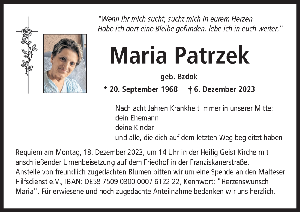 Traueranzeige von Maria Patrzek von Neuburger Rundschau