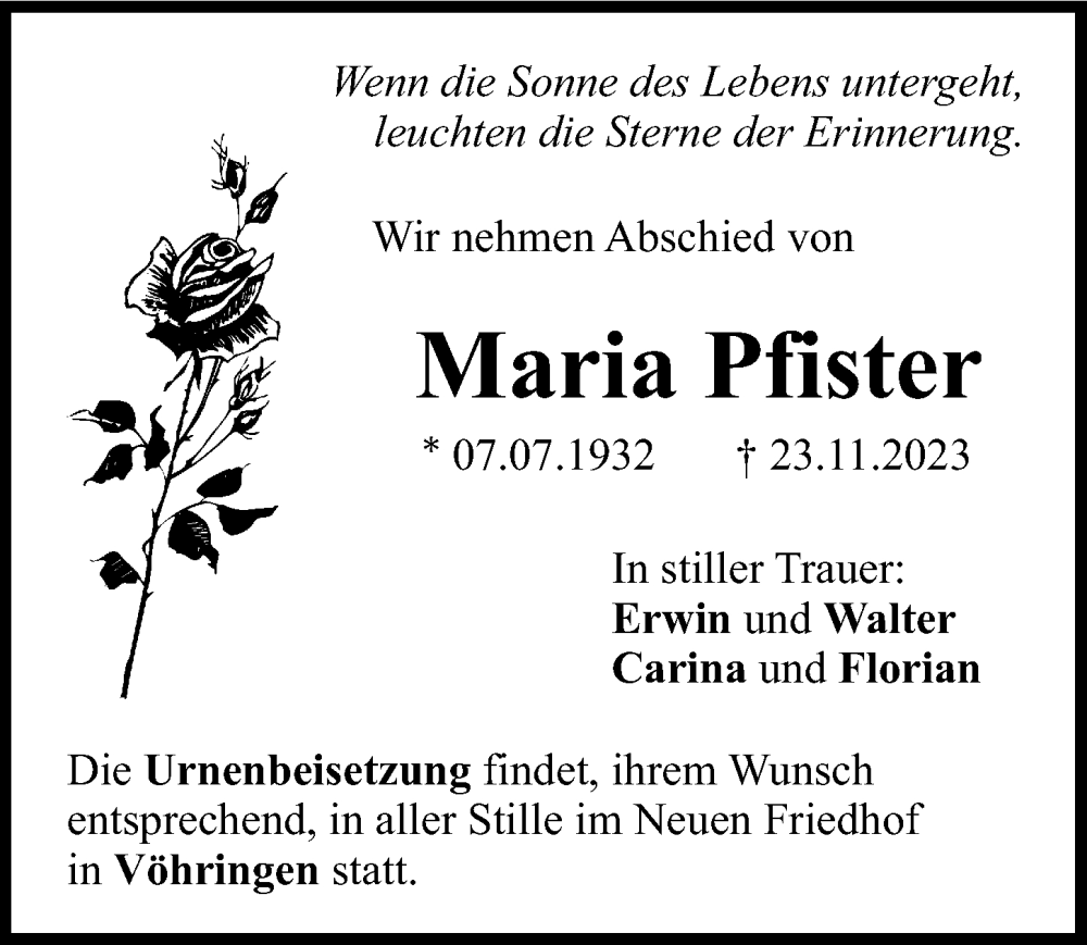  Traueranzeige für Maria Pfister vom 04.12.2023 aus Illertisser Zeitung