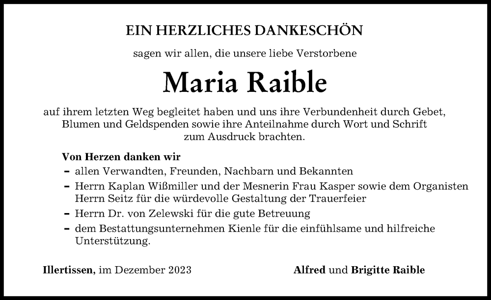  Traueranzeige für Maria Raible vom 19.12.2023 aus Illertisser Zeitung