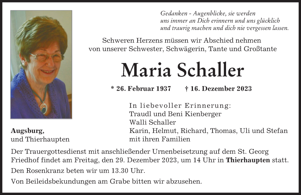 Traueranzeige von Maria Schaller von Augsburger Allgemeine