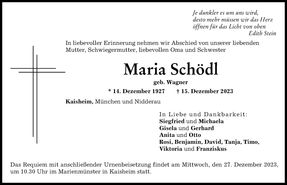 Traueranzeige von Maria Schödl von Donauwörther Zeitung