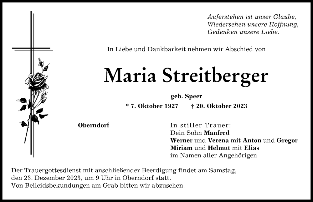 Traueranzeige von Maria Streitberger von Donauwörther Zeitung