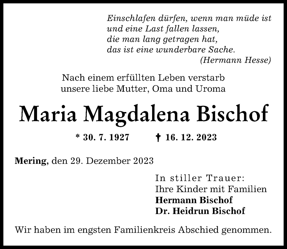 Traueranzeige von Maria Magdalena Bischof von Friedberger Allgemeine