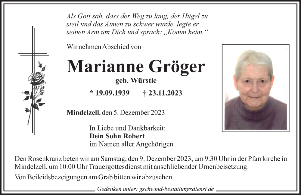  Traueranzeige für Marianne Gröger vom 05.12.2023 aus Mittelschwäbische Nachrichten