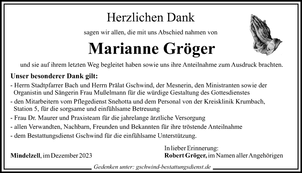  Traueranzeige für Marianne Gröger vom 14.12.2023 aus Mittelschwäbische Nachrichten