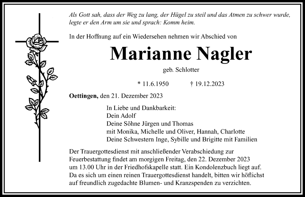 Traueranzeige von Marianne Nagler von Rieser Nachrichten